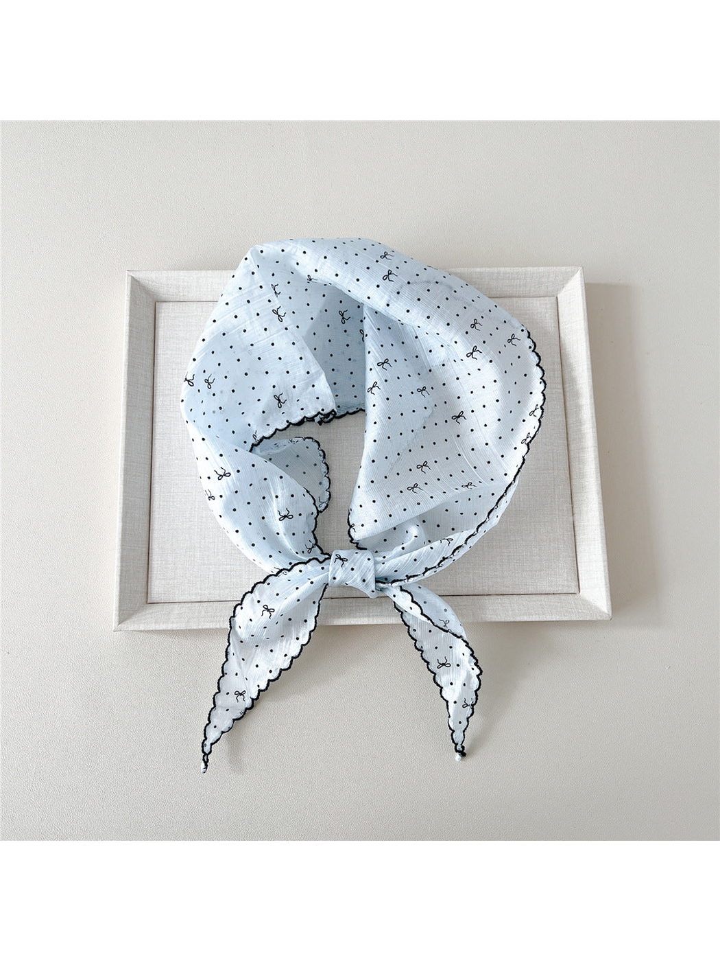 Light Blue triangle scarf with polka dots, bow motifs and scalloped edging