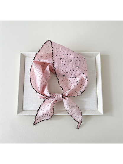 Light Pink triangle scarf with polka dots, bow motifs and scalloped edging
