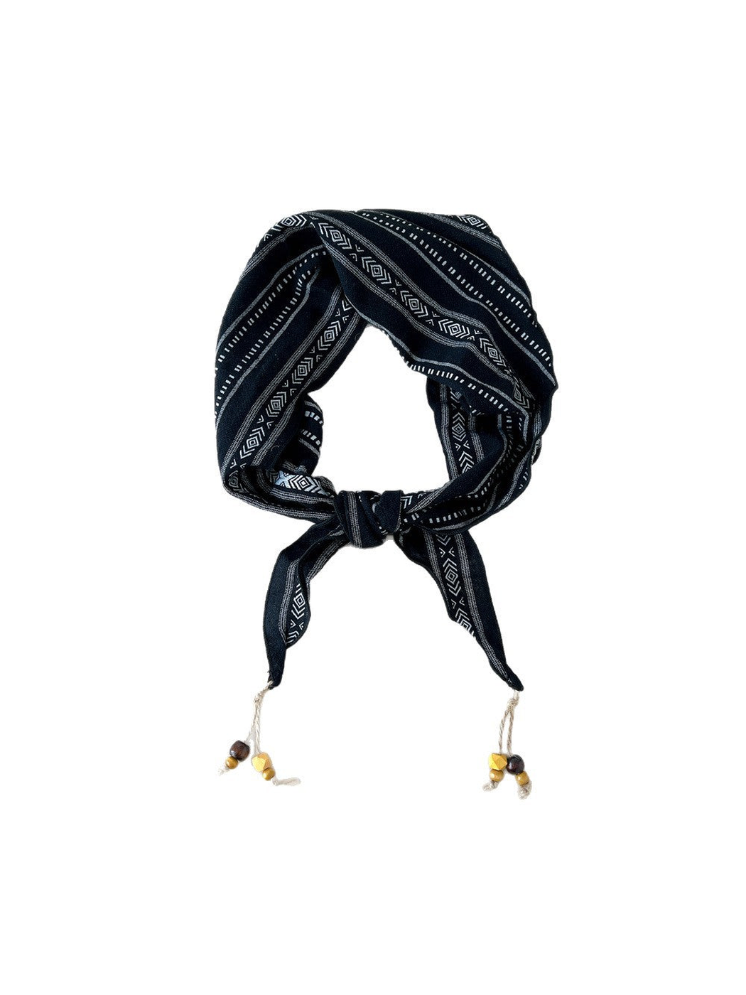 Black geometric triangle scarf with bead-tipped ends