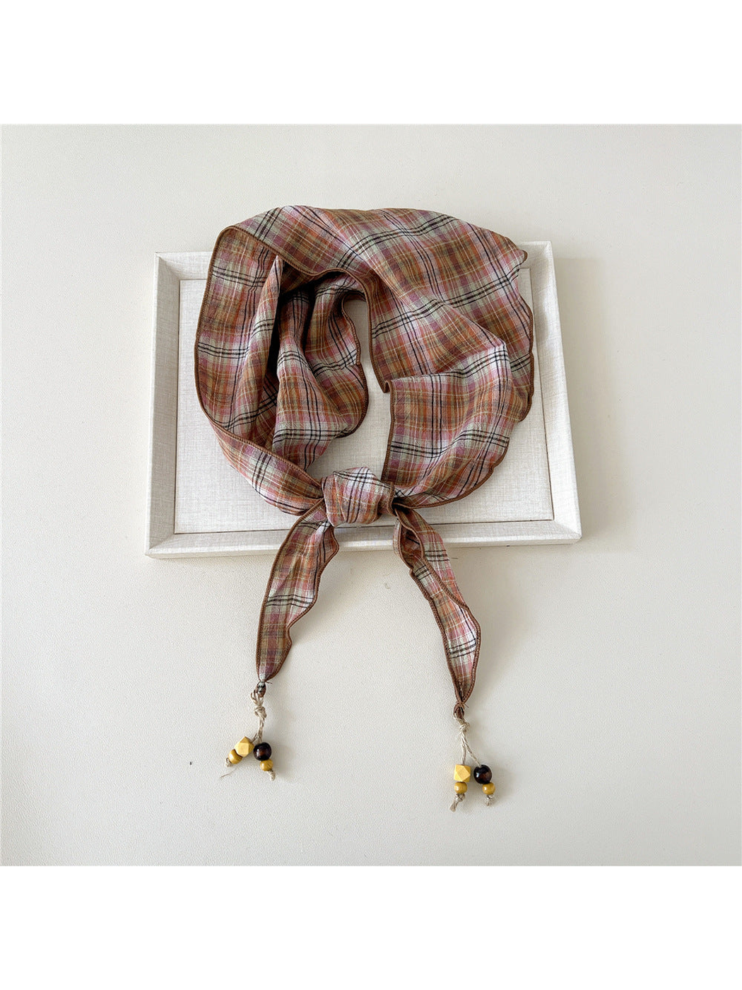 Orange Pink plaid triangle scarf with bead-tipped ends