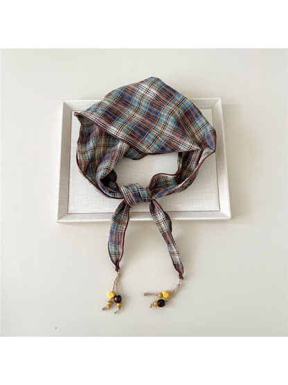 Brown Blue plaid triangle scarf with bead-tipped ends