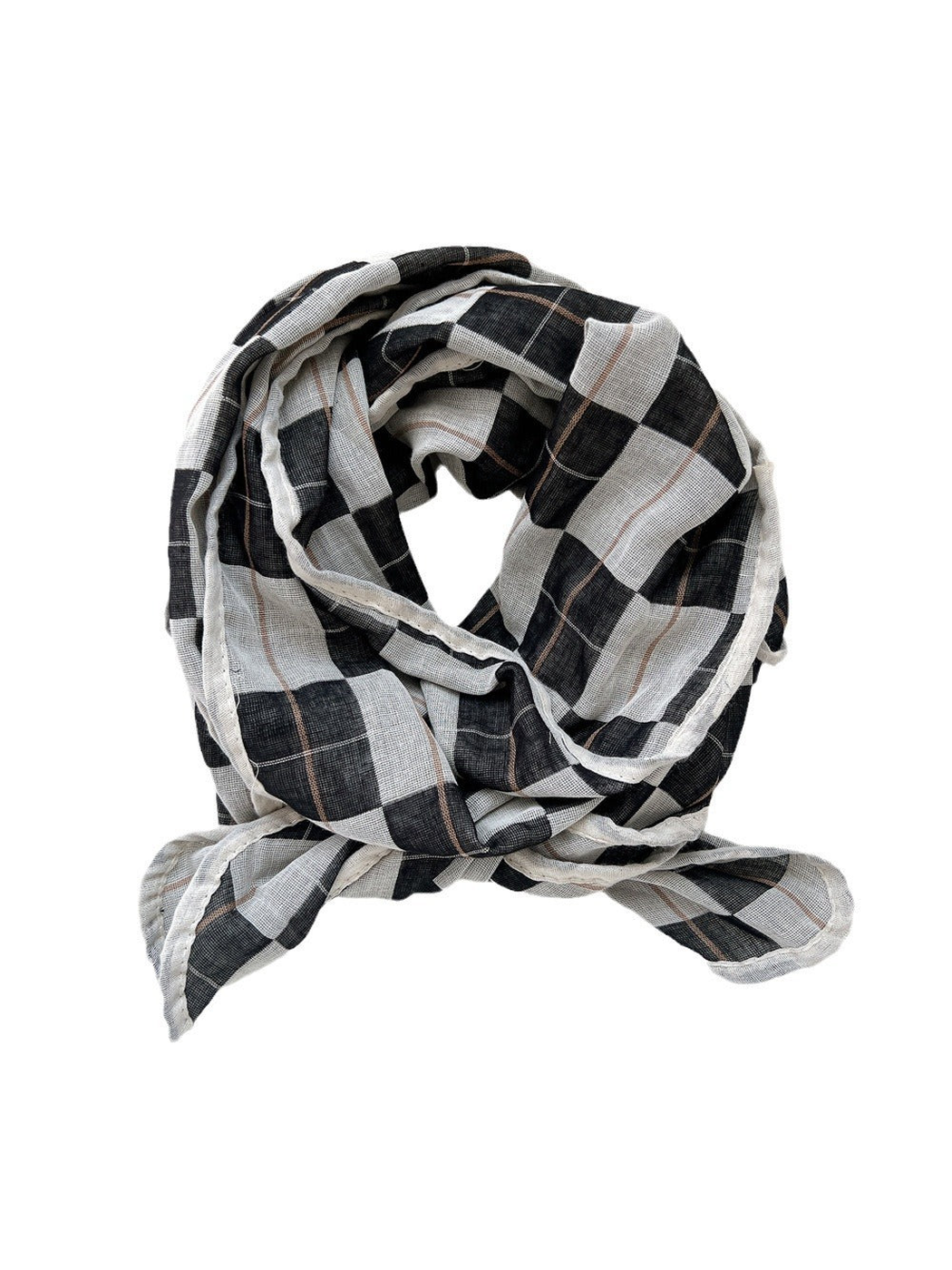 Black plaid scarf with a narrow light-colored finished edge on a white background