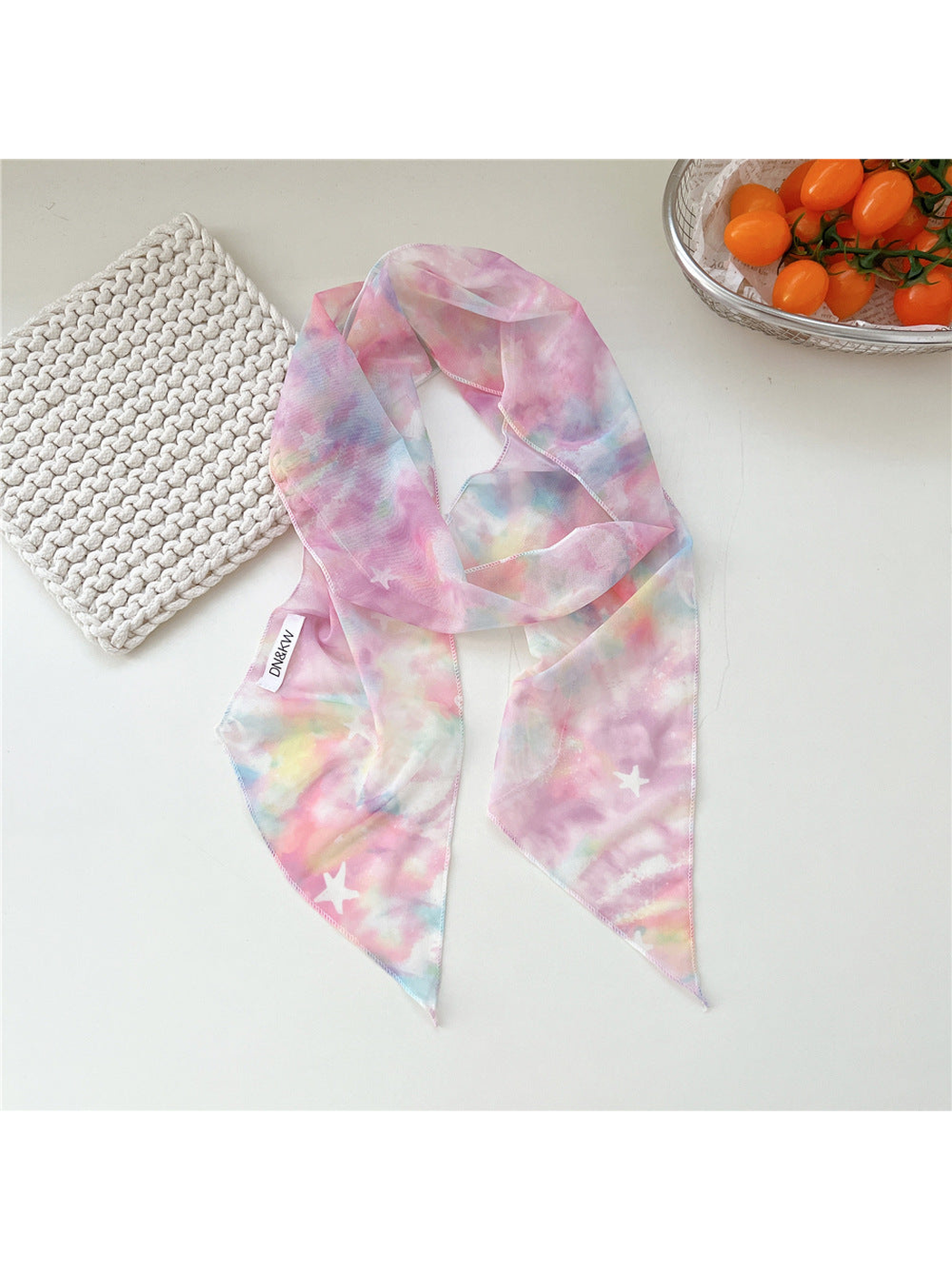 Watercolor Stars long narrow scarf with a pink multicolor pattern and pointed ends