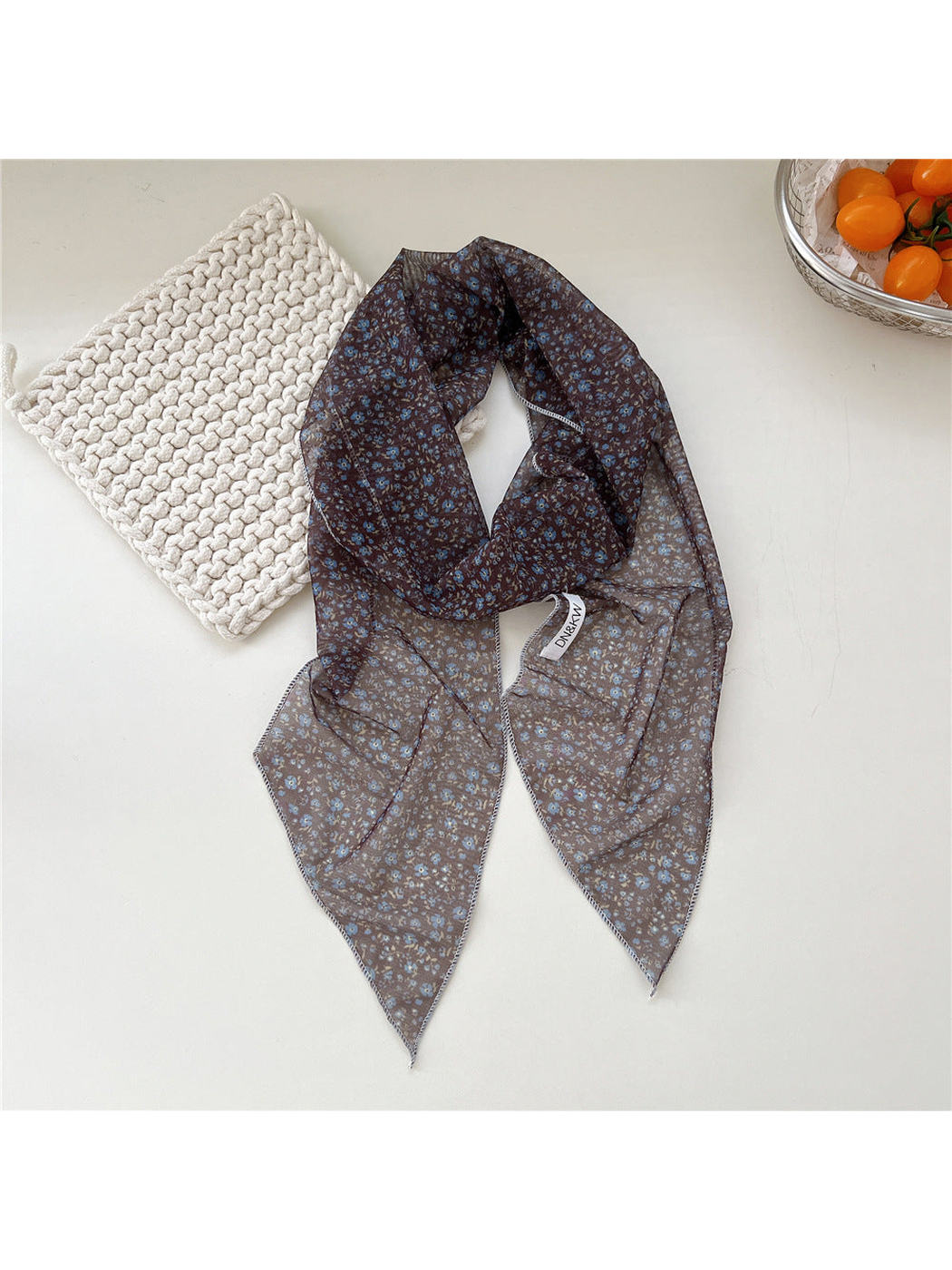Blue Floral long narrow scarf draped with pointed ends