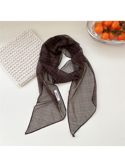 Brown Plaid long narrow scarf draped with pointed ends