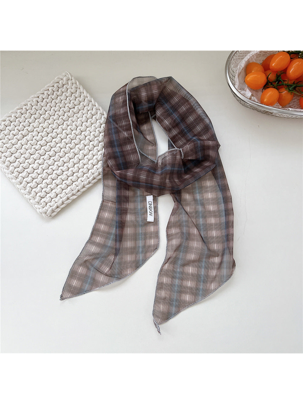 Blue Plaid long narrow scarf draped with pointed ends