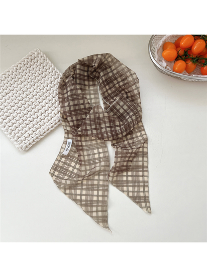 Beige Plaid long narrow scarf draped with pointed ends