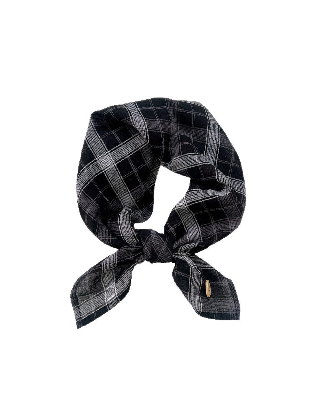Black and gray plaid scarf tied on a white background