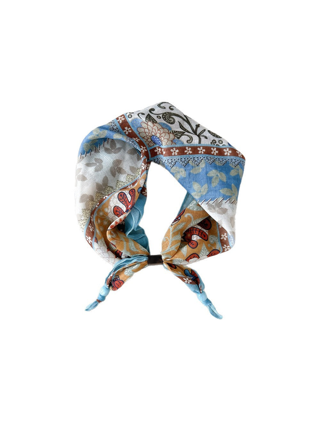 Floral Patchwork scarf-style headband with slider and beaded tie ends