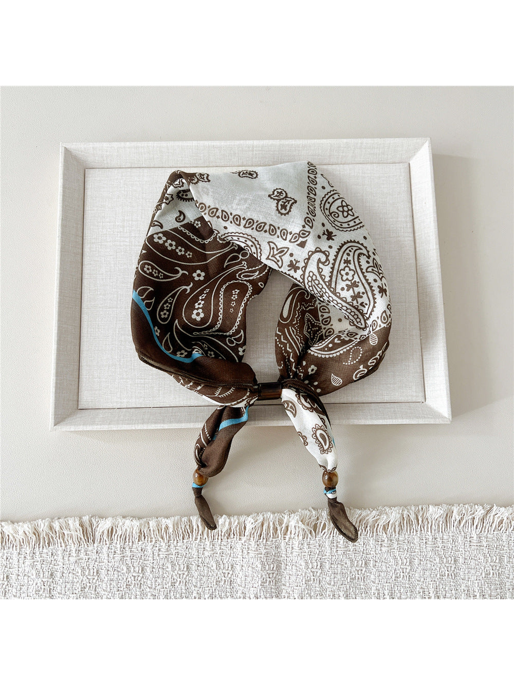 Floral Paisley scarf-style headband in brown and cream with beaded tie ends
