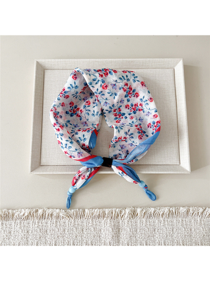 Red Blossoms scarf-style headband with blue leafy branches and beaded ends