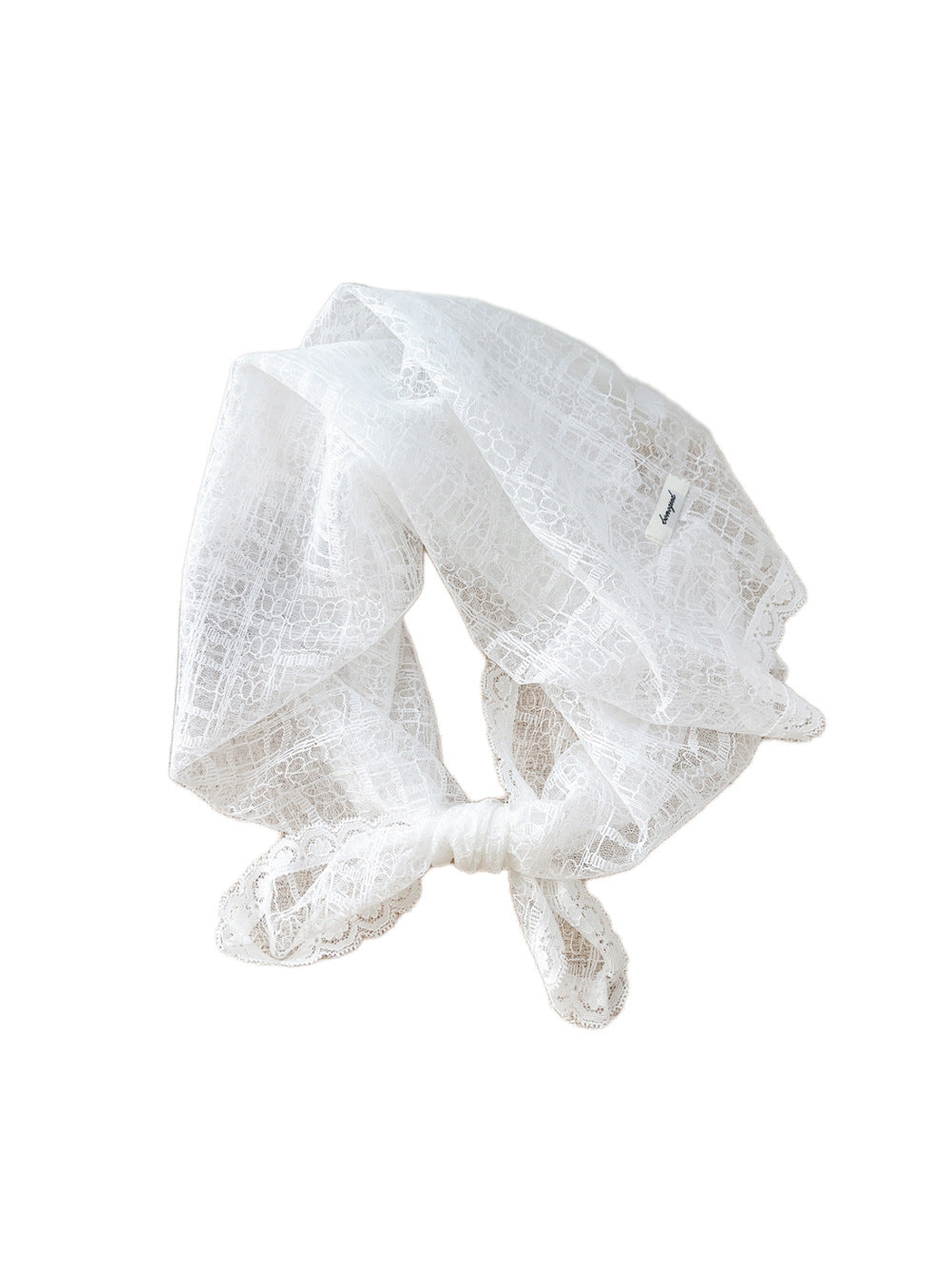 White floral grid lace square scarf tied in a loop on a white background
