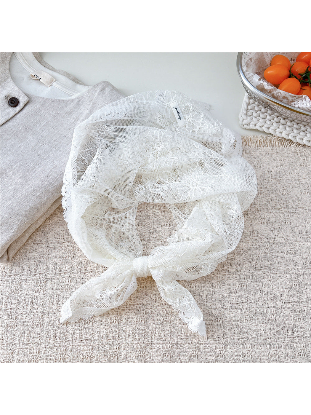 White Large Floral lace square scarf tied in a loop