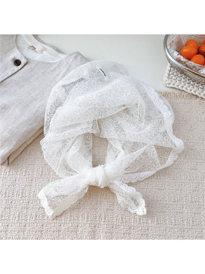 White Fine Floral lace square scarf tied in a loop