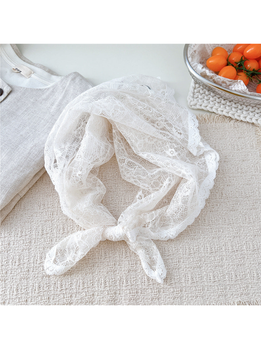 White Floral Vine lace square scarf tied in a loop