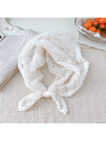 White Floral Vine lace square scarf tied in a loop