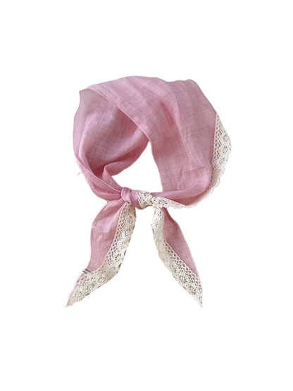 Light Pink triangle scarf with cream openwork lace trim on white