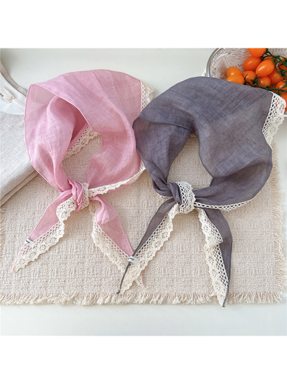 Light Pink and Dark Gray triangle scarves with cream openwork lace trim