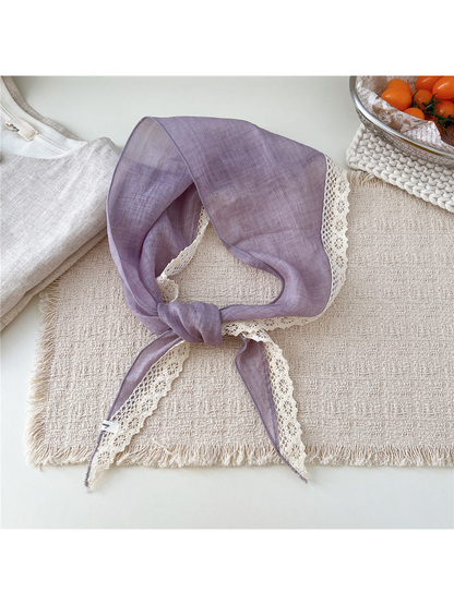 Light Purple triangle scarf tied with cream openwork lace trim