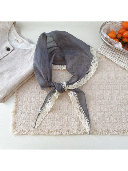 Dark Gray triangle scarf tied with cream openwork lace trim