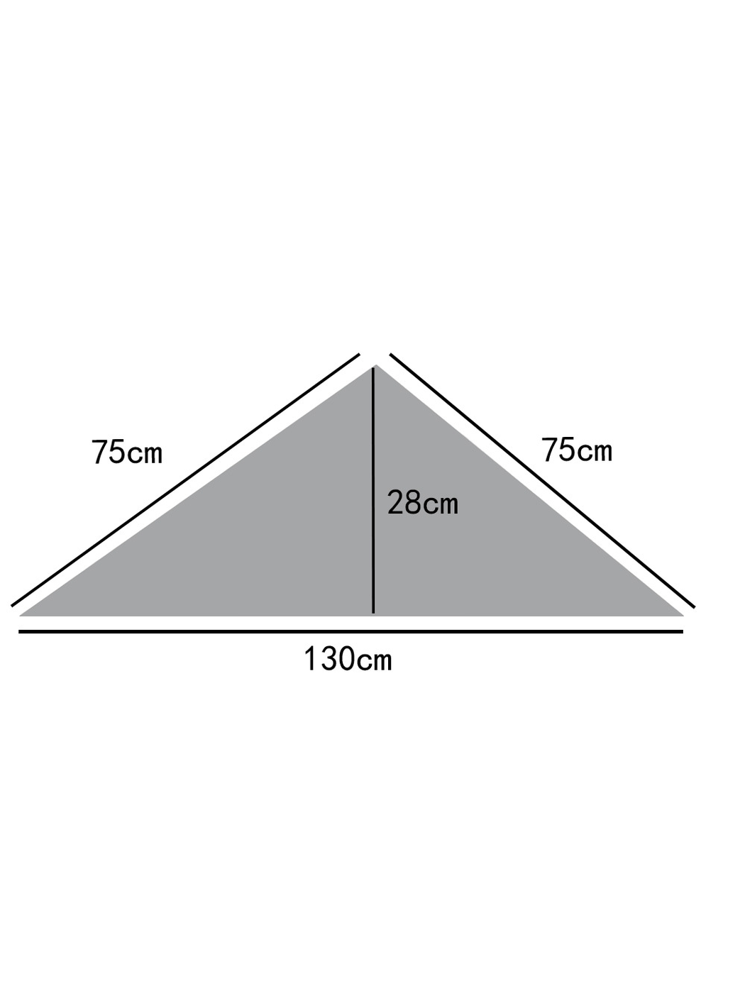 Triangle scarf measurement diagram with 130 cm base, 75 cm sides and 28 cm height