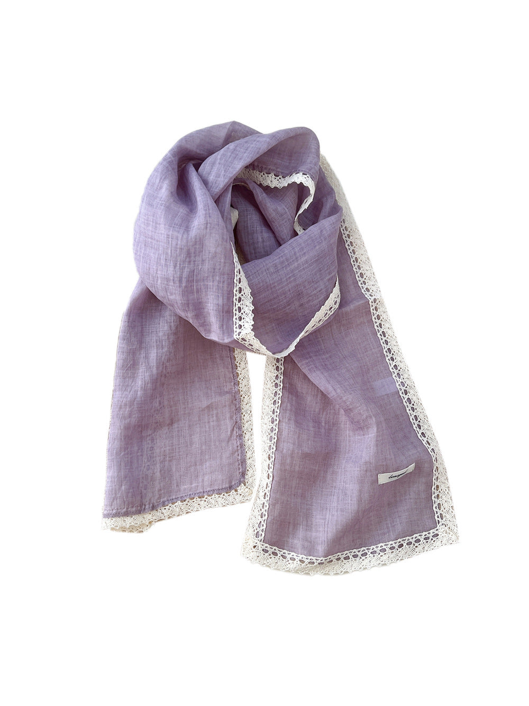 Purple long rectangular scarf with ivory openwork lace trim