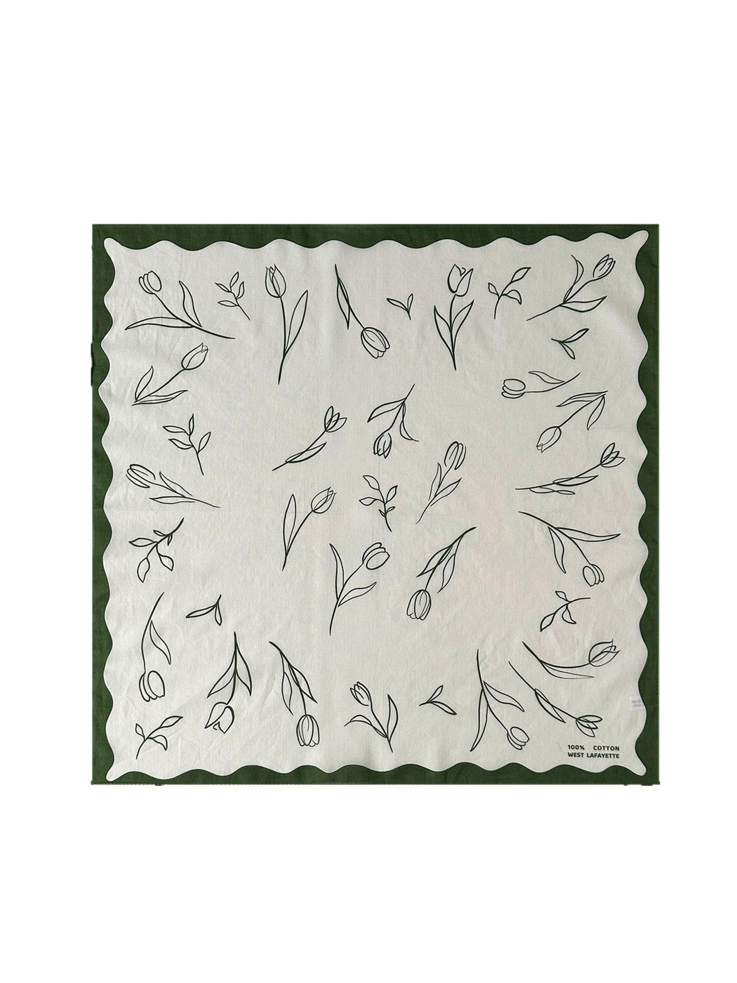 Green square scarf with scattered floral line art and scalloped border