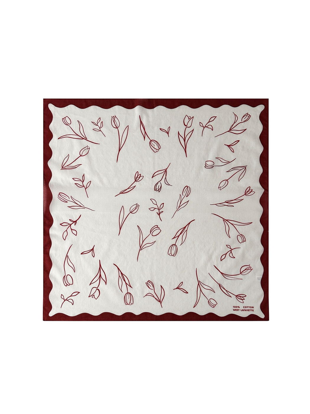 Red square scarf with scattered floral line art and scalloped border