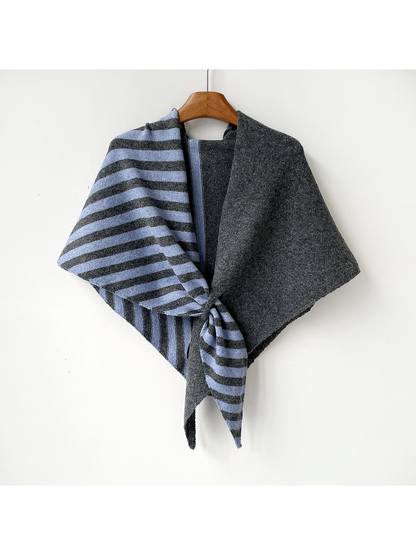 Gray Blue striped and solid color-block scarf, full hanging view