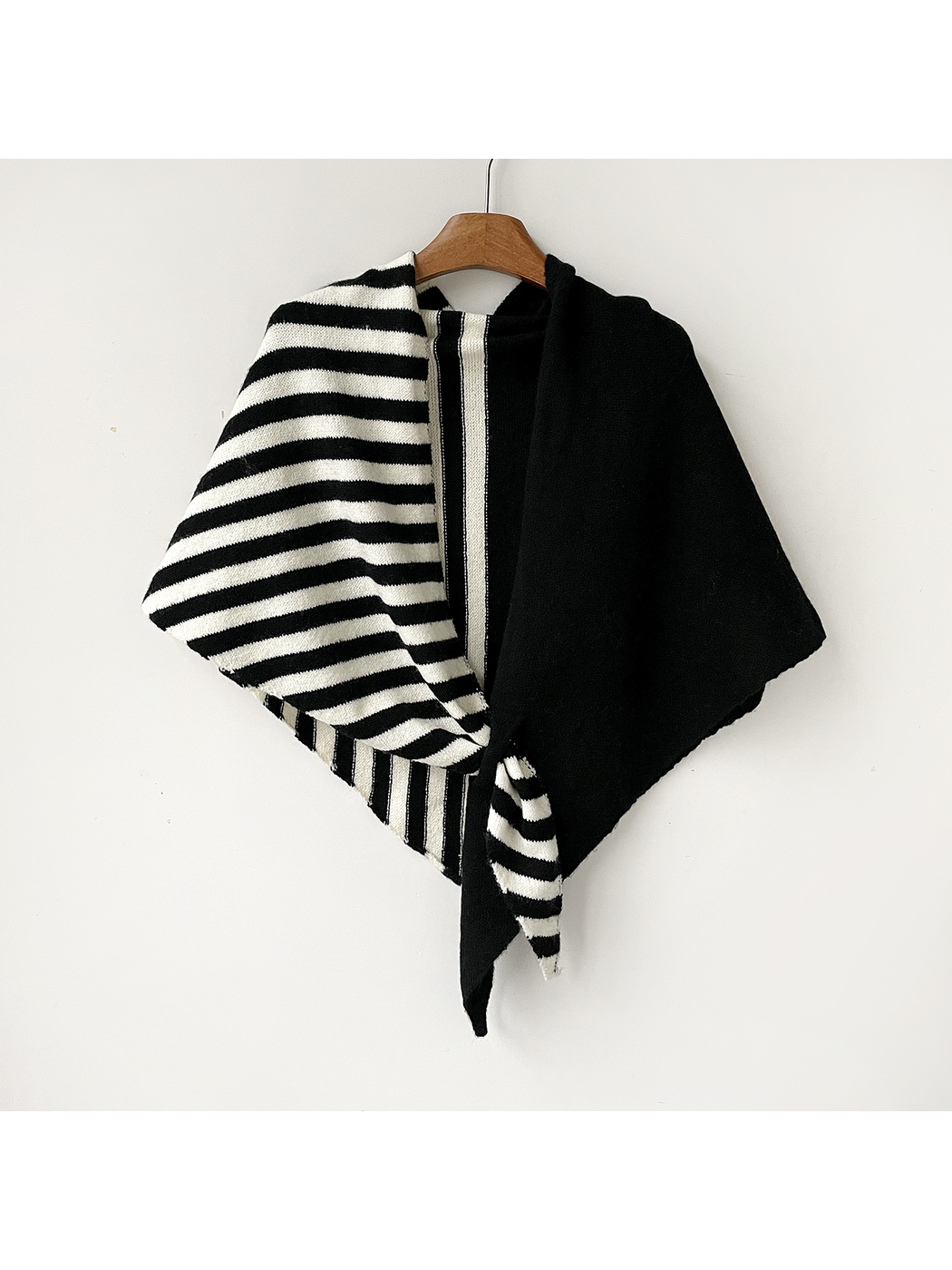 Black Cream striped and solid color-block scarf, full hanging view