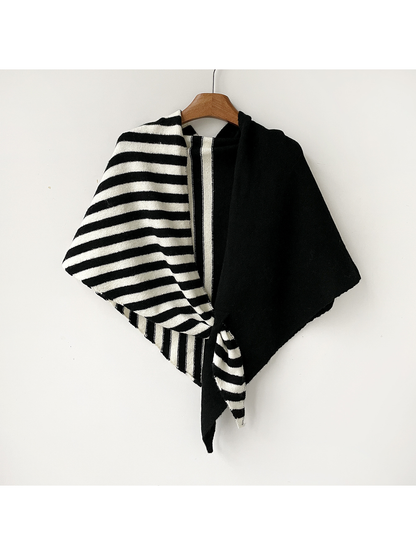 Black Cream striped and solid color-block scarf, full hanging view
