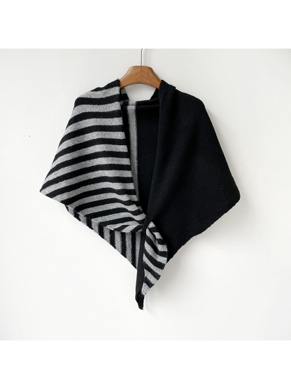 Black Gray striped and solid color-block scarf, full hanging view