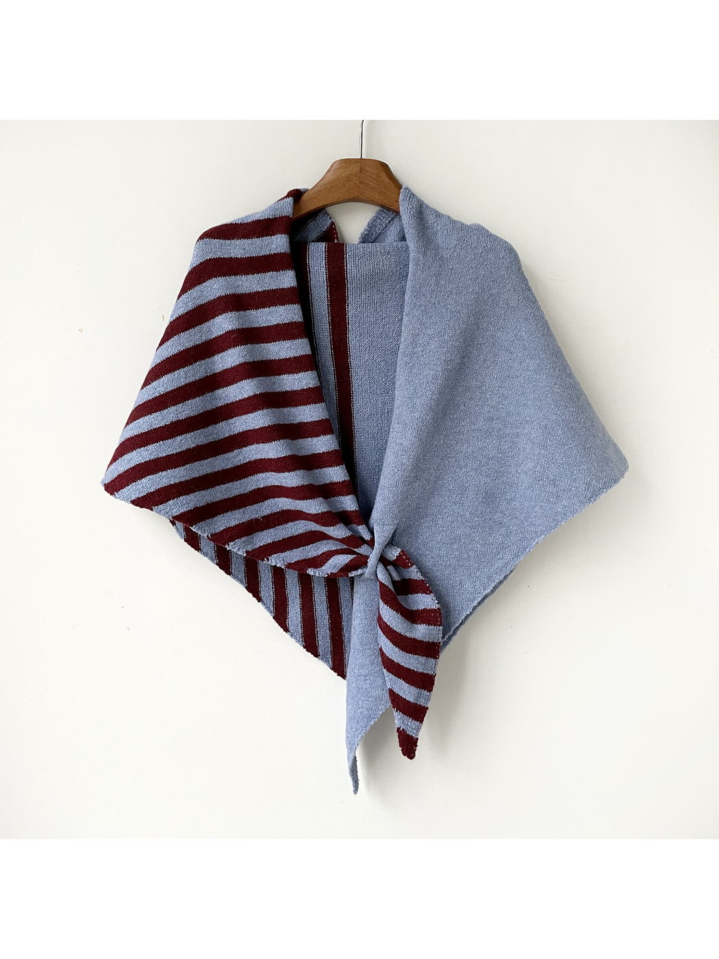 Blue Burgundy striped and solid color-block scarf, full hanging view