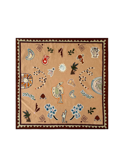 Brown square scarf with abstract birds, flowers, palms and crescent motifs