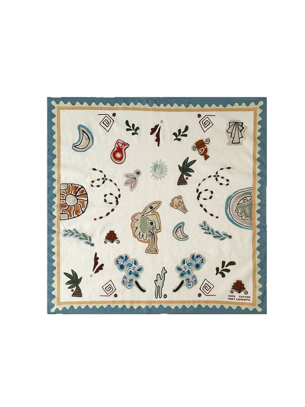 Ivory square scarf with abstract motifs and a muted blue border