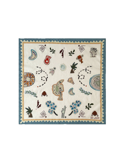 Ivory square scarf with abstract motifs and a muted blue border