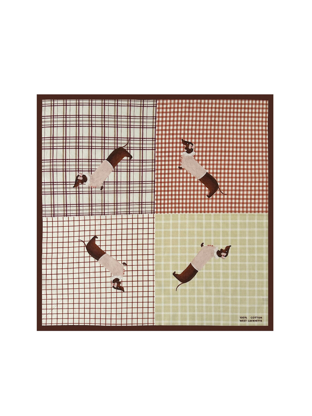 Brown-bordered patchwork plaid square scarf with dachshund motifs, full view