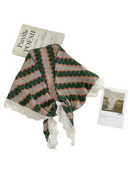 Dark Green geometric patterned scarf with ivory lace edging