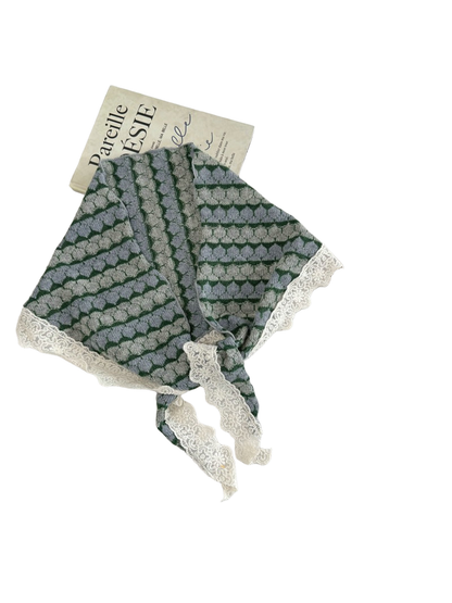 Gray geometric patterned scarf with ivory lace edging