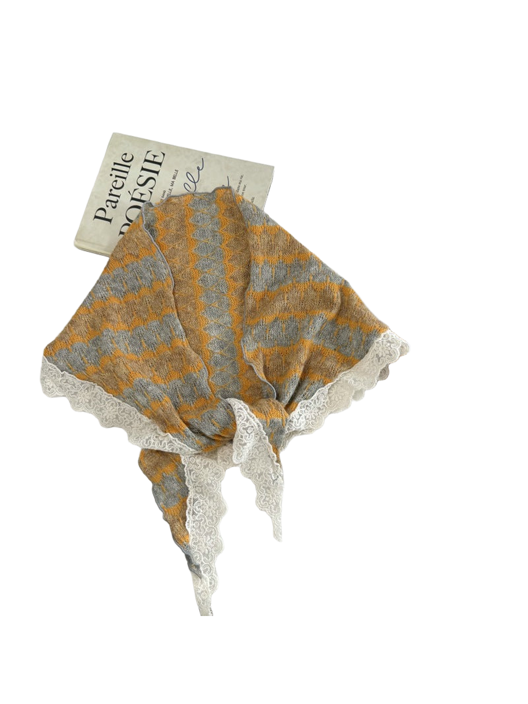 Mustard Yellow geometric patterned scarf with ivory lace edging