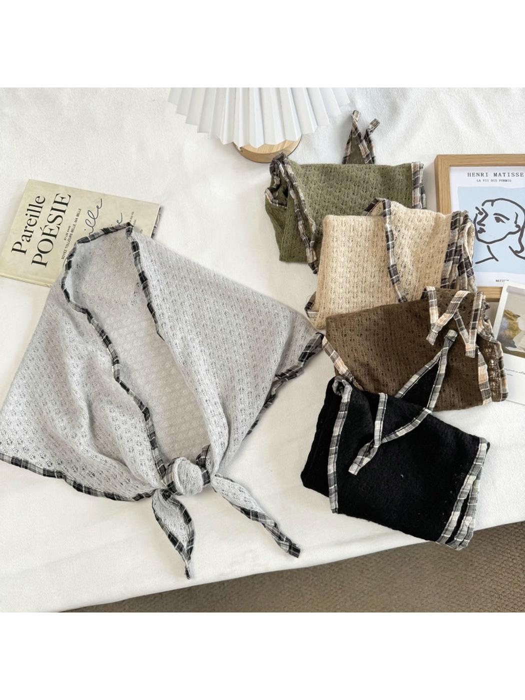 Light Gray, Army Green, Coffee, Black and Beige openwork scarves displayed together