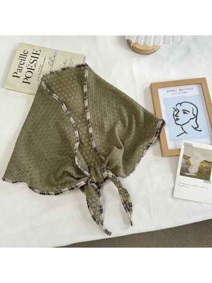 Army Green openwork scarf with plaid edge trim and tapered tie ends
