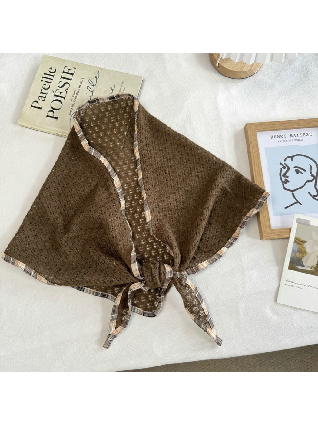 Coffee openwork scarf with plaid edge trim and tapered tie ends