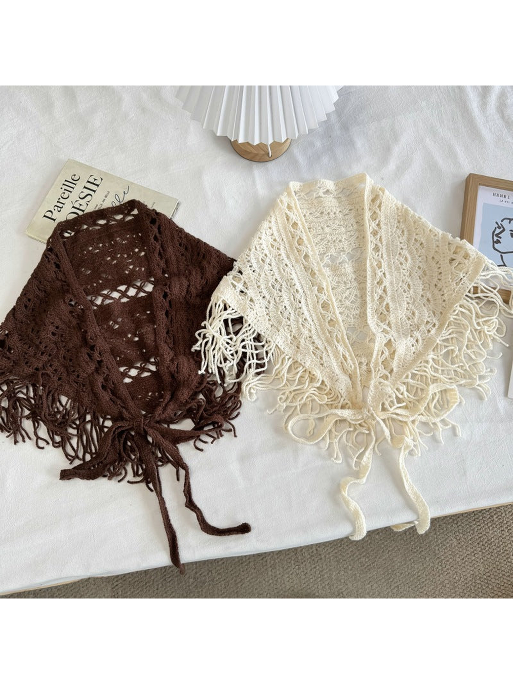 Dark Brown and Ivory openwork triangle scarves with fringe and tie cords