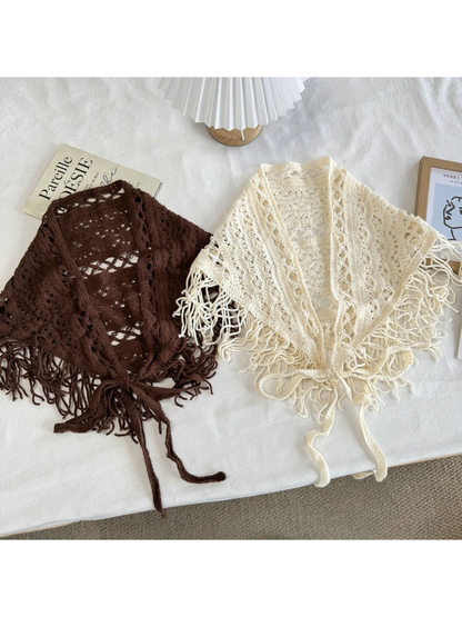 Dark Brown and Ivory openwork triangle scarves with fringe and tie cords