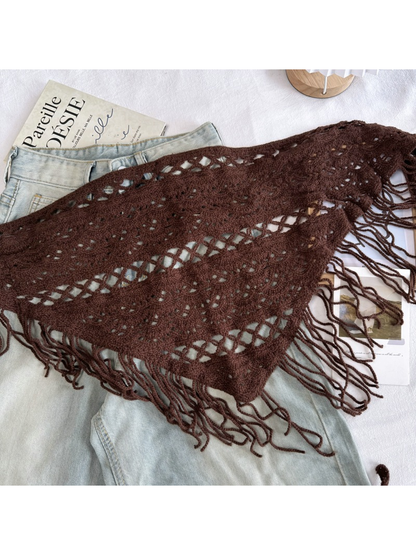 Dark Brown openwork triangle scarf with fringe and tie cords