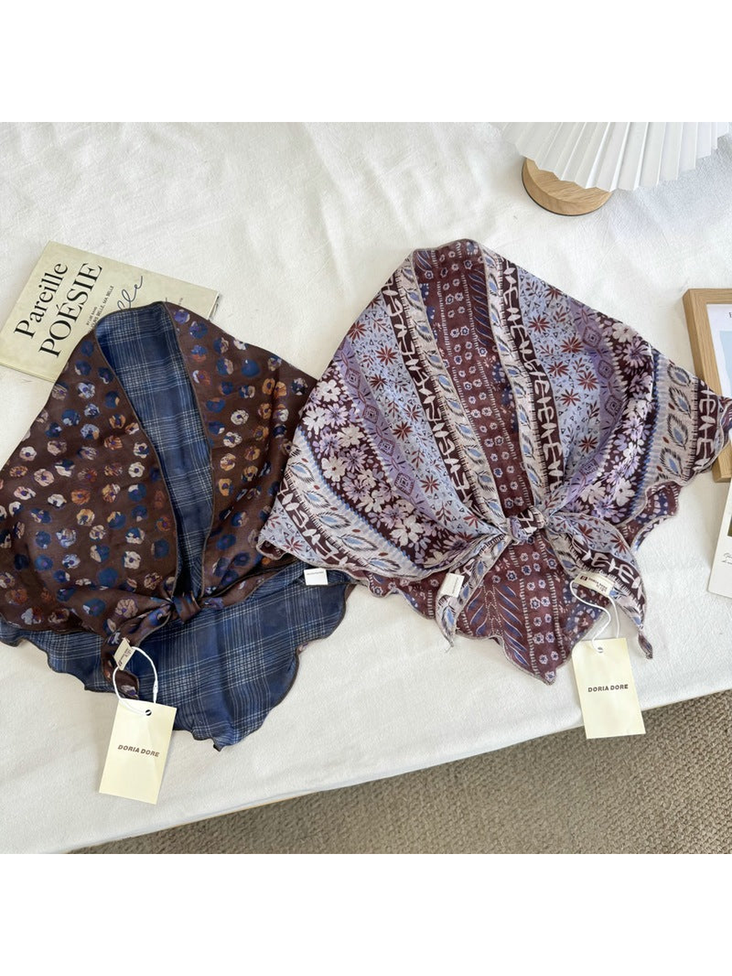 Navy Plaid and Burgundy Patchwork scarves displayed together
