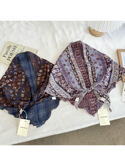 Navy Plaid and Burgundy Patchwork scarves displayed together