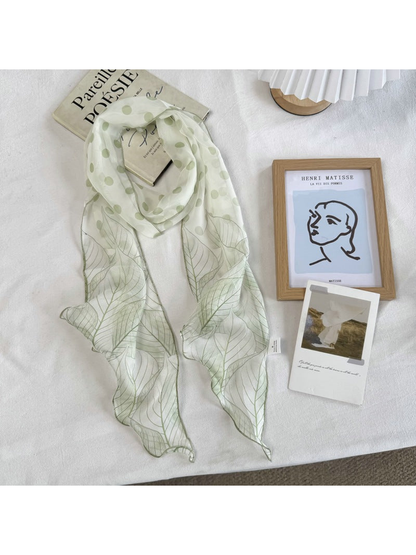 Green Leaves scarf with polka dots and outlined leaf pattern