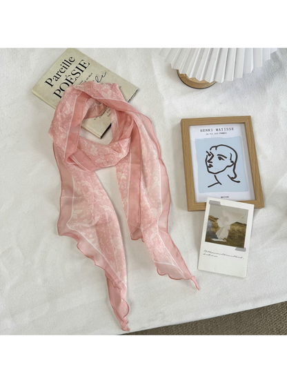 Pink Floral scarf with a tonal border and wavy stitched edge